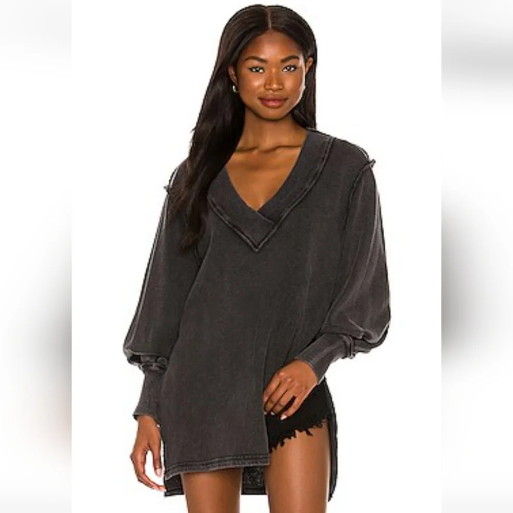 Free People Asher Thermal Knit Vneck Top Black NWT - Picture 1 of 13